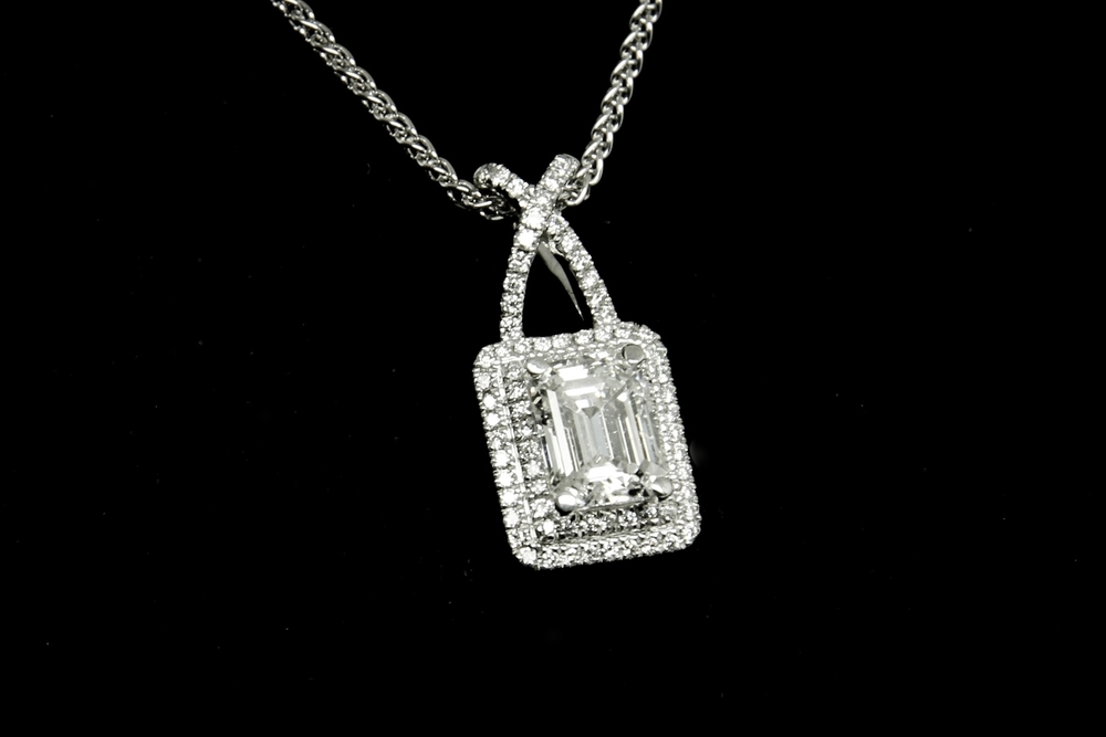 10.26 CT Emerald Cut Aquamarine and Diamond Halo Pendant in White Gold |  New York Jewelers Chicago