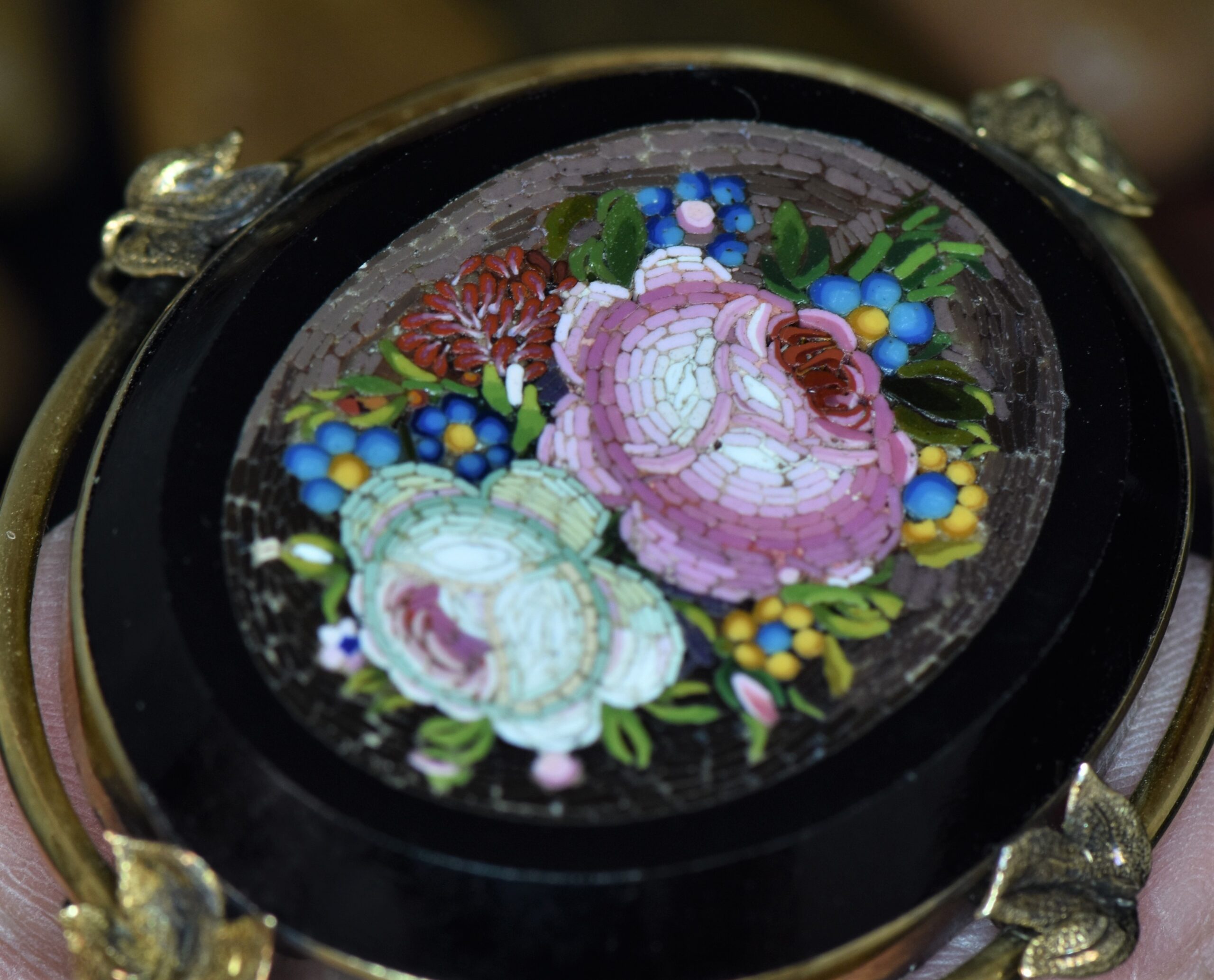 Art Deco Flower Mosaic Brooch - Vintage Italian Rose Blossom